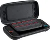 A black protective case for a Nintendo Switch is open, revealing the console and a card holder with multiple game cartridges. Produktbild-Vorschau