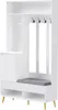 A white entryway cabinet with a bench, shoe shelves, and hooks. Produktbild-Vorschau