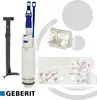 A collection of toilet cistern repair parts, including a flush valve, a fill valve, and an installation guide. Produktbild-Vorschau