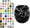 A collage of various toilet seat designs arranged around a single toilet seat with a black marble pattern. Produktbild-Vorschau