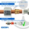 An instructional image showing how to connect a pipe fitting, with text explaining temperature and pressure limits, and a warning for gas applications. Voir les images du produit