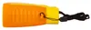 A close-up side view of a junior-sized orange and yellow binoculars with a black lanyard. Produktbild-Vorschau