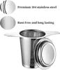 A stainless steel tea infuser with a lid, shown with descriptive text about its material and durability. Produktbild-Vorschau