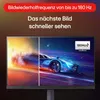 A monitor displaying a split image of a car racing, with text overlays highlighting the refresh rate. Produktbild-Vorschau