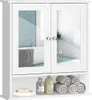 A white bathroom cabinet with mirrored doors is shown, with a shelf below displaying toiletries and rolled towels. Produktbild-Vorschau