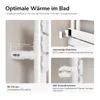 Collage of images showing features of a white towel dryer. Produktbild-Vorschau