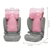 Two views of a pink and gray child car seat with dimensions indicated by text and lines. Produktbild-Vorschau