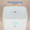 The top of a white dehumidifier with a digital display and control panel, set against a light brown wooden background. Produktbild-Vorschau