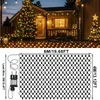A festive outdoor scene with Christmas lights decorating a house and trees, accompanied by a diagram of a light net with dimensions. Náhled obrázku produktu