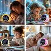 A collage of four images showing children and a mother with a digital alarm clock that has a colorful night light. Produktbild-Vorschau