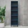 A tall, dark blue metal bookshelf stands against a concrete wall, with a large potted plant to its left. Anteprima dell’immagine prodotto