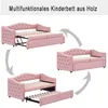 A collage showing a pink upholstered daybed in different configurations, illustrating its transformation into a bed with an additional pull-out mattress. Produktbild-Vorschau
