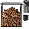 A metal firewood rack filled with logs, with inset images showing a rain chain and a smaller view of the rack. Produktbild-Vorschau