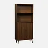 A tall, narrow wooden bookshelf with two shelves and two cabinet doors at the bottom, set against a plain light gray background. Produktbild-Vorschau