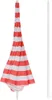 A closed beach umbrella with red and white stripes and a white pole. Produktbild-Vorschau