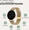A gold smartwatch is displayed with icons and text indicating various sport modes and activities it can track. Produktbild-Vorschau
