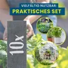 A person's hands are planting in a garden, with close-up circular images of gardening activities and a greenhouse. Produktbild-Vorschau