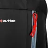 A close-up view of a black rucksack, showing the brand logo and a red zipper pull. Produktbild-Vorschau