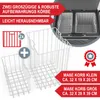 Two white wire baskets are shown in front of a cooler with two compartments. Text overlays describe the baskets and their dimensions. Produktbild-Vorschau