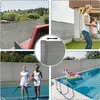 Collage of images showing a fence screen used for privacy in various outdoor settings, including a patio, a backyard, a tennis court, and a swimming pool. Produktbild-Vorschau