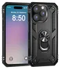 A black protective phone case with a ring holder is shown next to a smartphone displaying the time and date. Produktbild-Vorschau