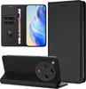 A collage of images showing a black leather flip phone case with card slots and a stand function. Produktbild-Vorschau
