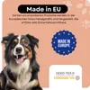 A dog is shown in the foreground with marketing text and logos in the background. Produktbild-Vorschau