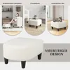 Collage showing a white fluffy ottoman used as a footrest, coffee table, and extra seat, with a large image of the ottoman at the bottom. Produktbild-Vorschau