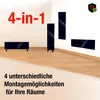 A room with wooden flooring and a white wall, showcasing different mounting options for black radiators. Text overlays highlight product features. Náhled obrázku produktu