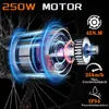 Close-up of an electric bicycle motor with marketing text and icons highlighting its features. Produktbild-Vorschau
