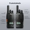 Two black walkie-talkies are shown with labels pointing out their features. Produktbild-Vorschau