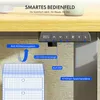 A close-up view of a desk's control panel and a schematic of a drawer unit, with marketing text overlayed. Náhled obrázku produktu