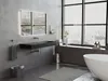 A modern bathroom with a black sink, white bathtub, and large windows overlooking a city. Produktbild-Vorschau