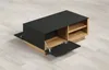 A modern coffee table with black and wood-tone finishes, shown with its side doors open. Voir les images du produit