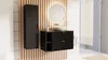A modern bathroom vanity with a sink and mirror, set against a slatted wood wall. Náhľad obrázku produktu