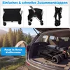 Collage showing a black foldable wagon in different states and being loaded into a car trunk. Produktbild-Vorschau