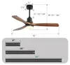 A collage showing a ceiling fan with dimensions and then three different mounting rods. Anteprima dell’immagine prodotto