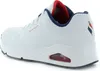 A side view of a white SKECHERS UNO sneaker with red and blue accents. Voir les images du produit