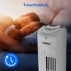 A couple sleeping peacefully in bed, with a white tower fan and timer icon in the foreground. Produktbild-Vorschau