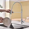 A person is washing a dirty plate under a kitchen faucet with a pull-down sprayer. Podgląd zdjęcia produktu