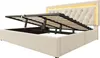 A beige upholstered bed frame with its storage compartment open, revealing the hydraulic lift mechanism and mattress support. Náhled obrázku produktu