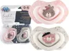 A product shot of two pacifiers in their packaging, with a close-up of two individual pacifiers. Produktbild-Vorschau
