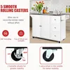 A white kitchen island with a black countertop is shown in a kitchen setting, with close-ups of its casters and features. Náhľad obrázku produktu