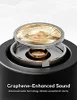 Close-up view of a speaker driver with text overlay. Voir les images du produit