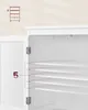 Close-up view of an open white cabinet with shelves, showing the interior and hinges. Produktbild-Vorschau