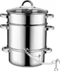 A stainless steel steamer pot with a glass lid and a transparent tube attached to the bottom. Produktbild-Vorschau