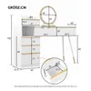 A diagram showing the dimensions of a white vanity table with a round mirror and gold accents. Produktbild-Vorschau