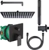 A collection of black and green bathroom fixtures, including a showerhead, hand shower, hose, and valve, arranged against a white background. Produktbild-Vorschau