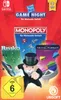 A promotional image for the Nintendo Switch game 'Game Night', featuring Monopoly, Risiko, and Trivial Pursuit. Produktbild-Vorschau