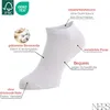 A single white sock is shown on a white background, with various features highlighted by text and callouts. Produktbild-Vorschau